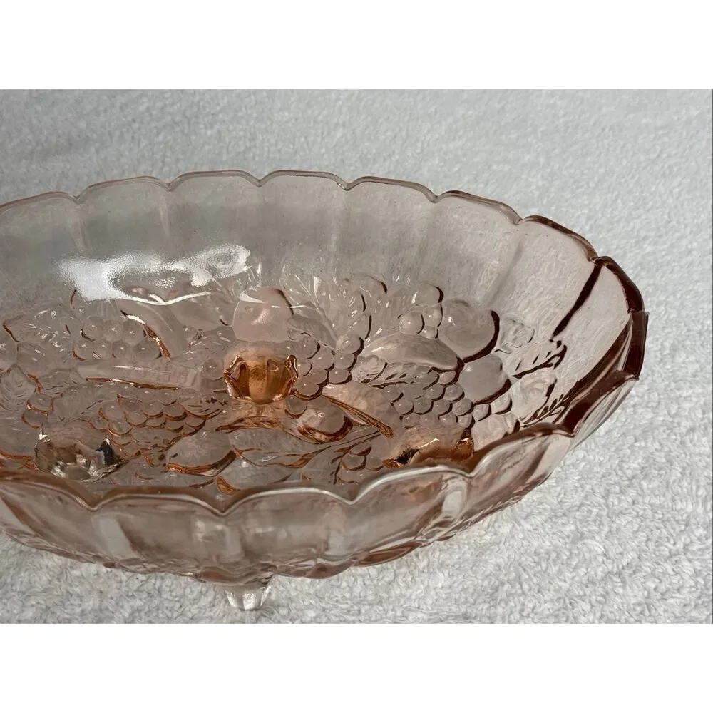 Vintage Indiana Glass Co. Pink Glass Footed Fruit Bowl “Harvest Grape”